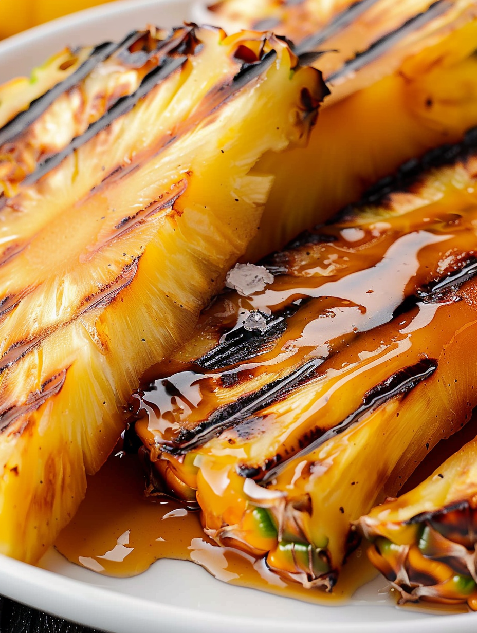 Plated grilled pineapple spears drizzled with syrup