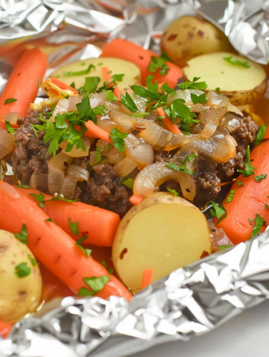 Beef and Vegetable Hobo Dinner packet on a baking sheet