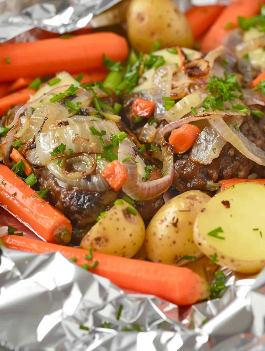 Open hobo packet revealing beef patty and vegetables