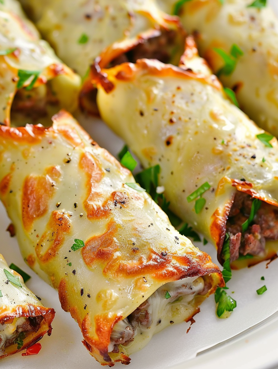 Keto Philly Cheesesteak Roll Up on parchment