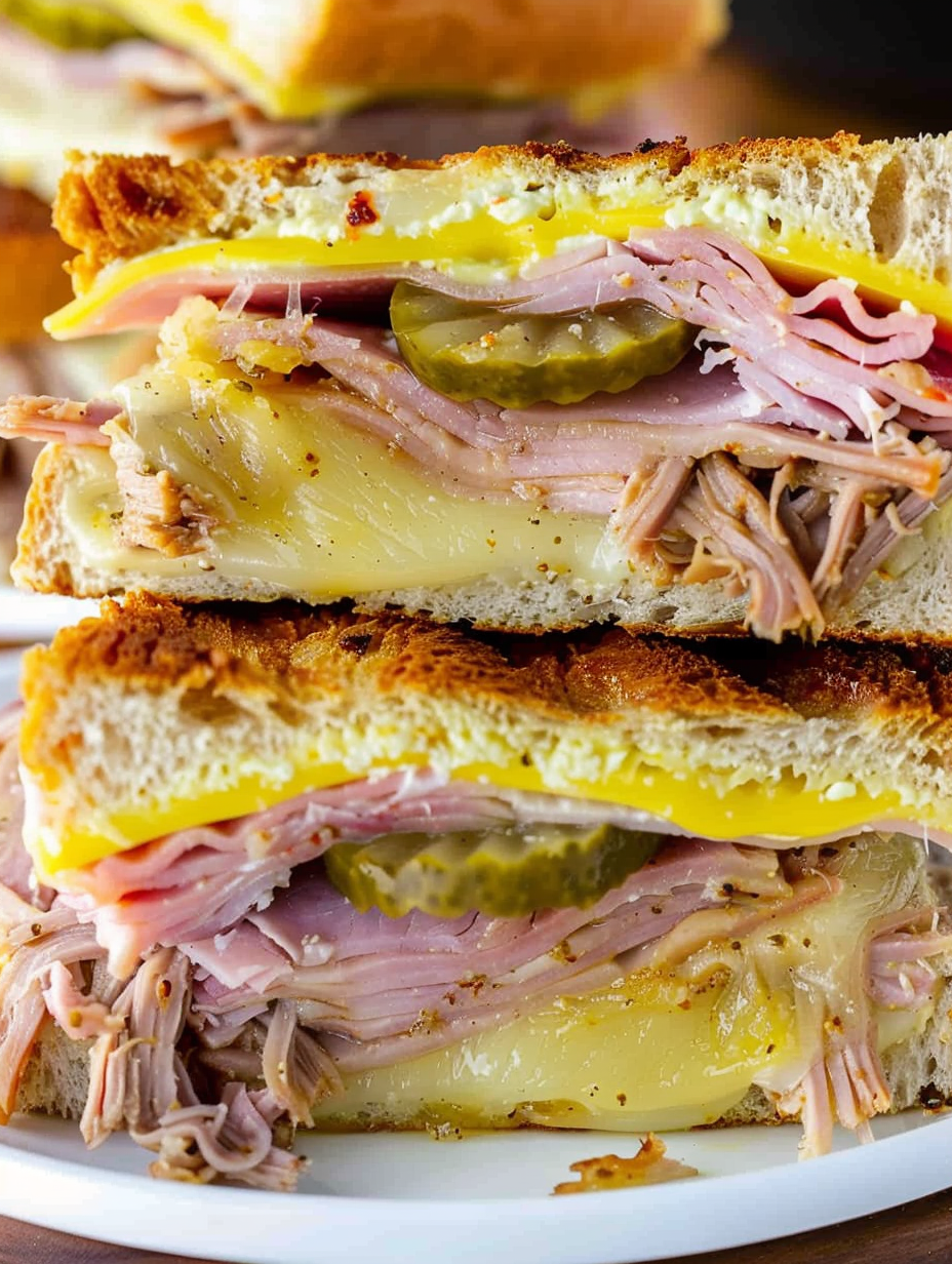 Slow cooker Cuban sandwich with melty cheese and pickles