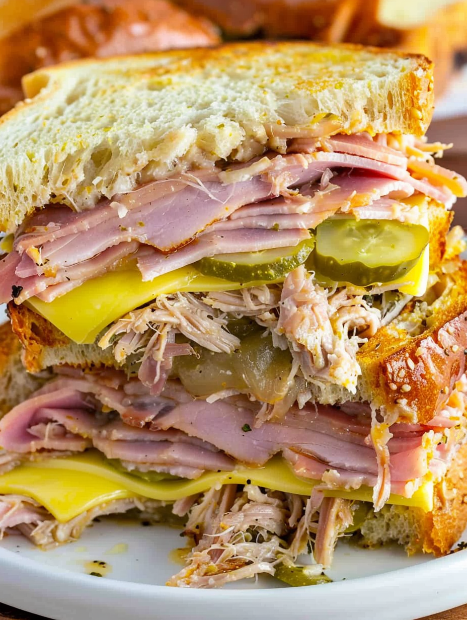 Close-up of a pressed Cuban sandwich showing layers