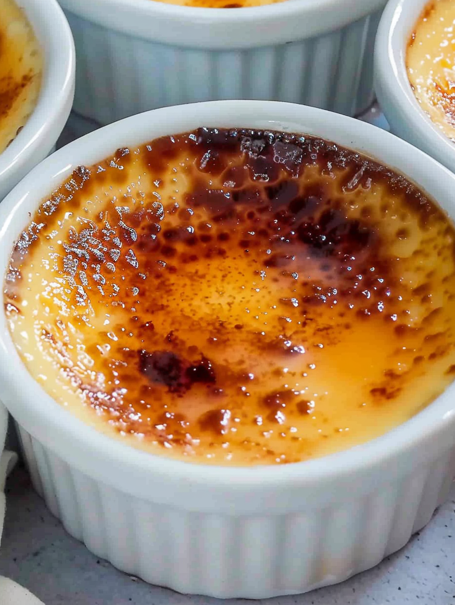 Close-up of caramelized sugar cracking on crème brûlée
