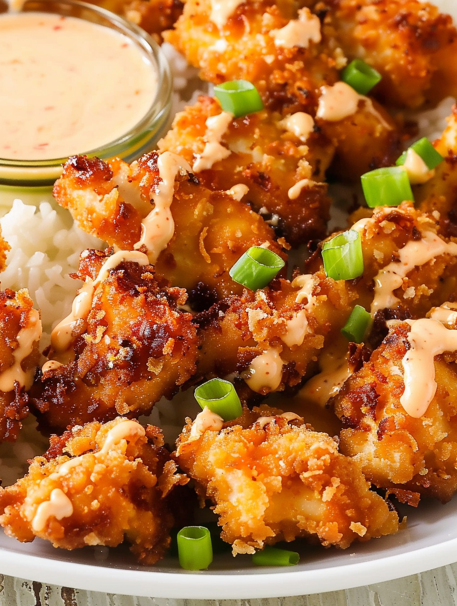 Bang Bang Chicken with sauce drizzled over crispy chicken bites