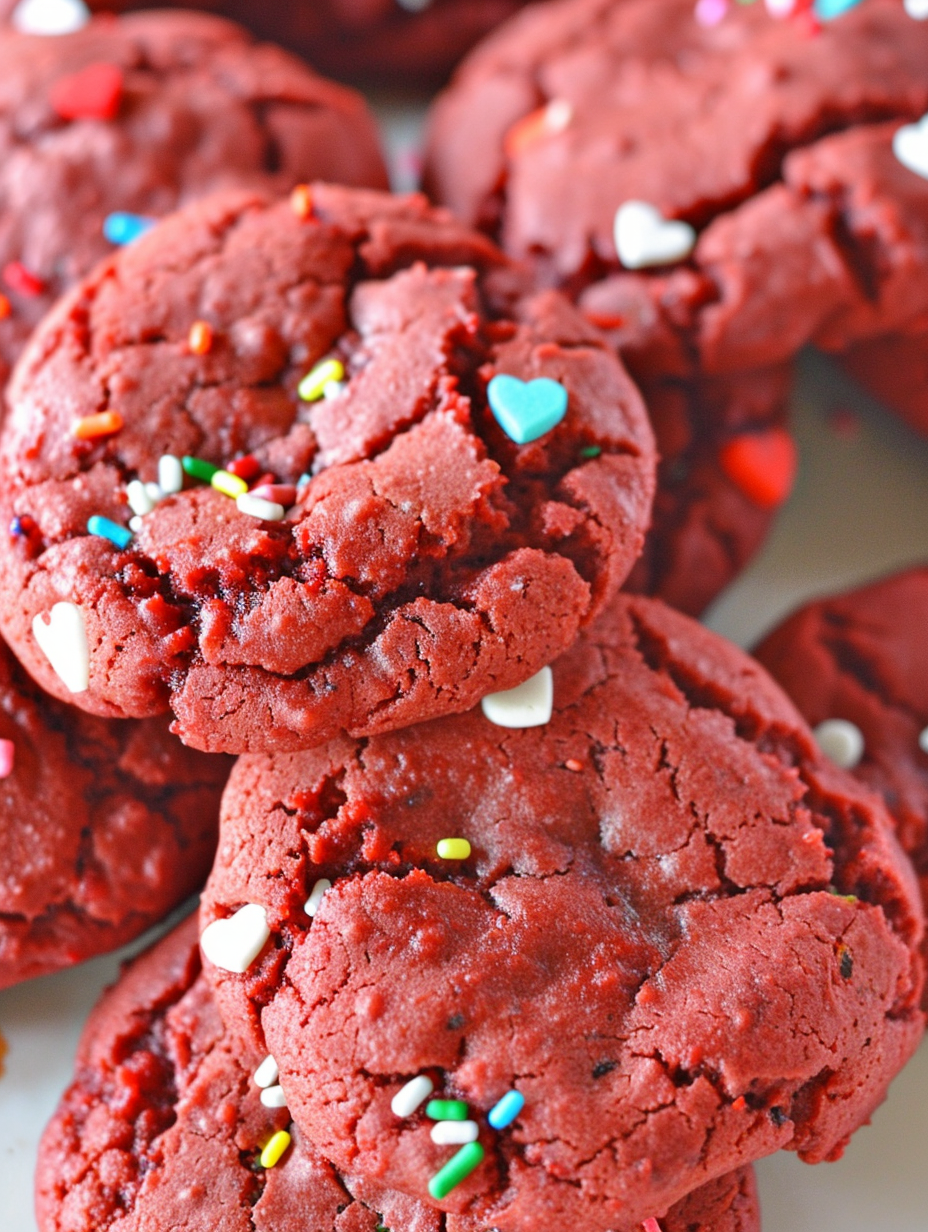 Two red velvet cake mix cookies on a cooling rack with heart sprinkles