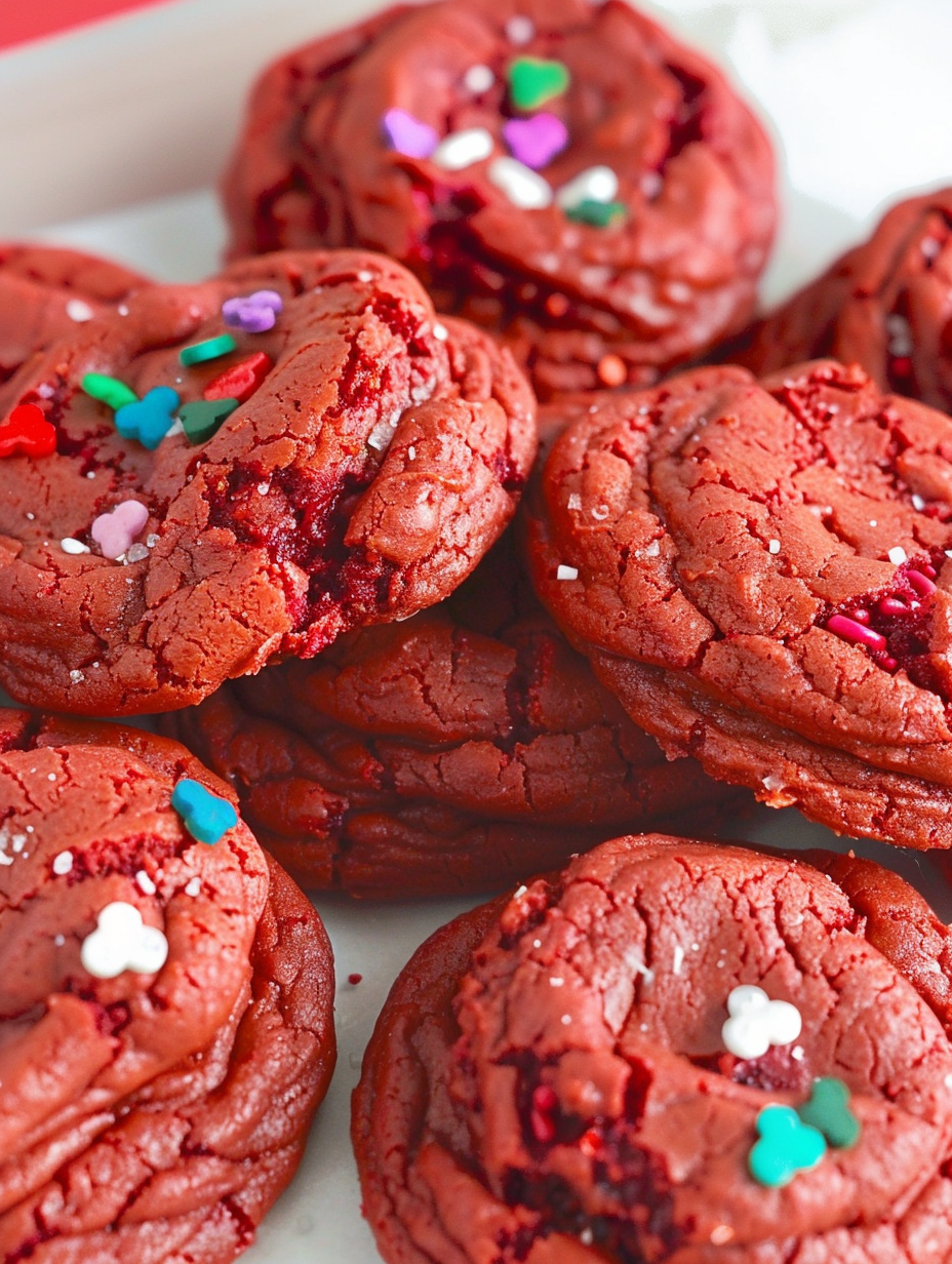 Close-up of a plate of red velvet cookies with sprinkles