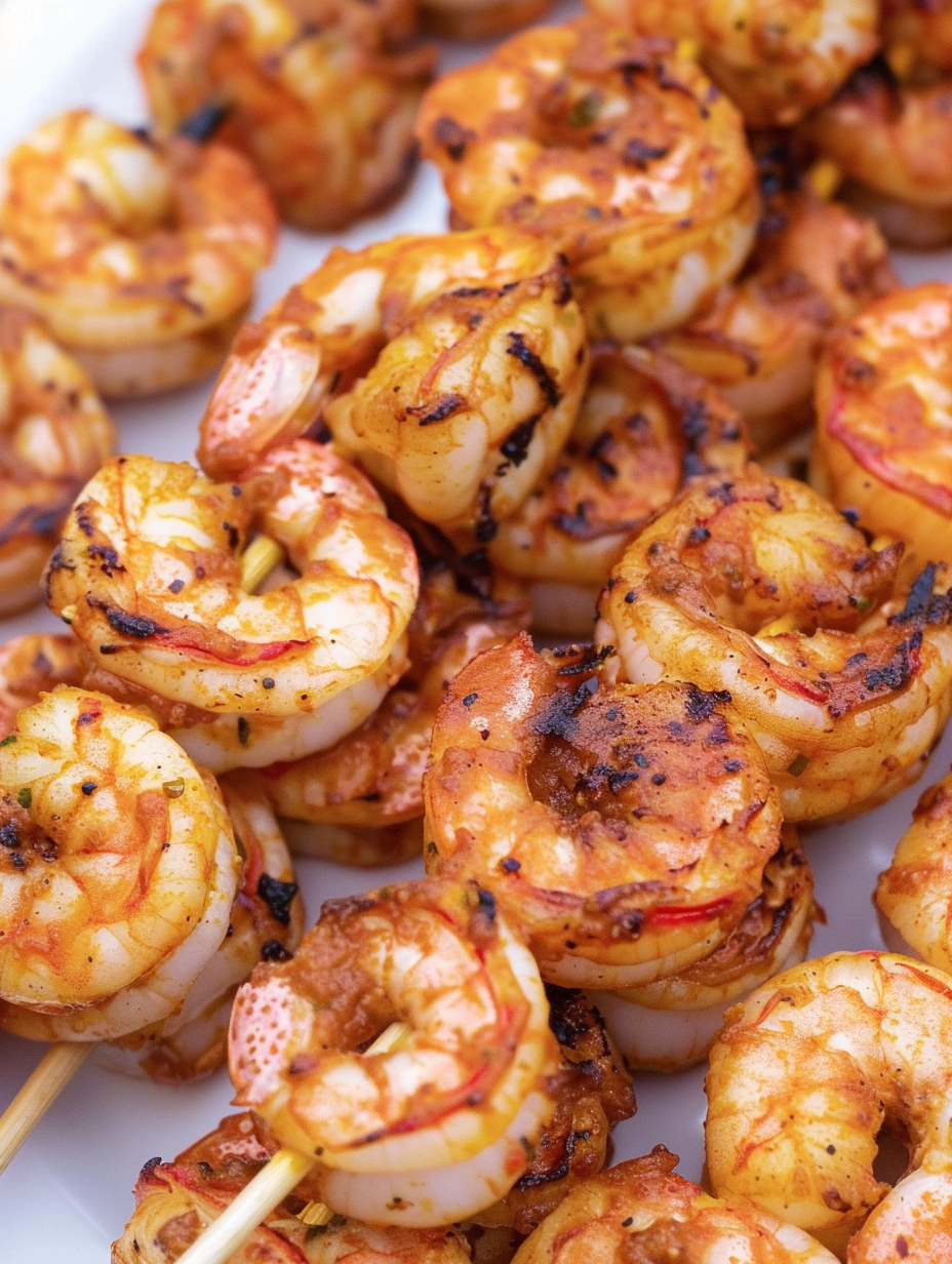 Spicy grilled shrimp skewers on the grill