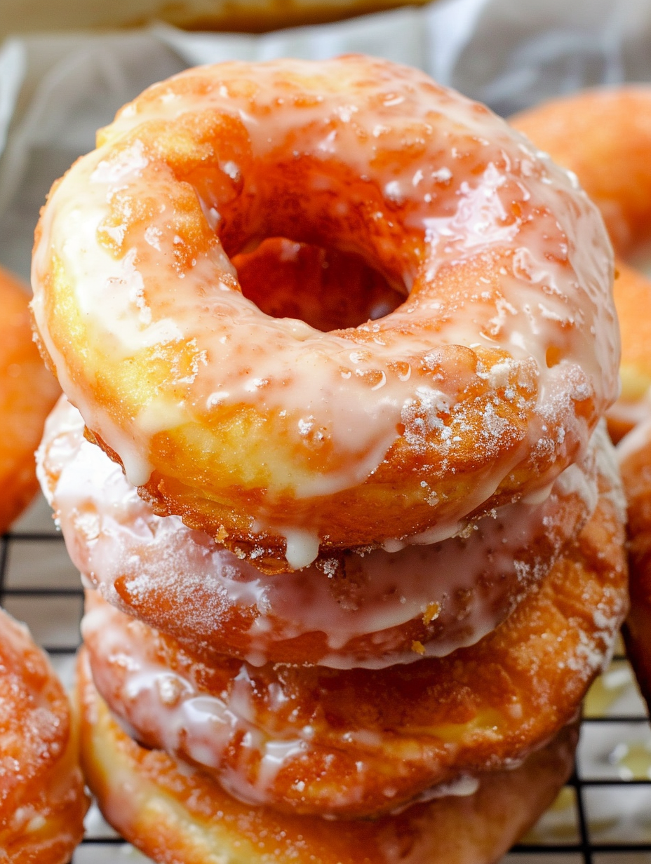 Glazed donuts cooling on a rack
