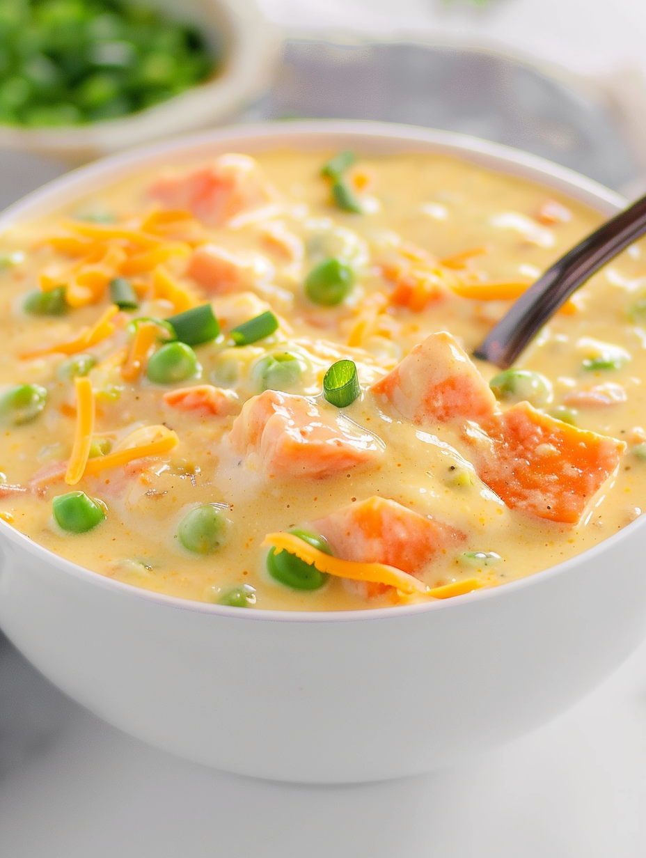 Curried sweet potato chowder in a bowl garnished with cheese and green onions