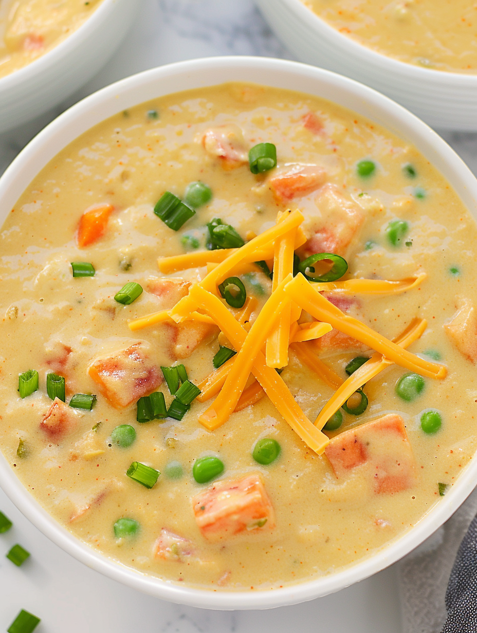 Close-up of creamy curried sweet potato chowder with peas and carrots