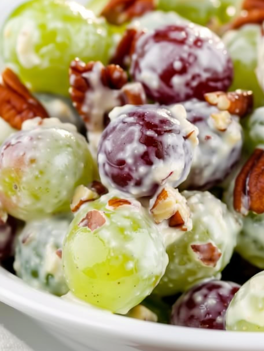 Top view of grape salad with pecans sprinkled on top
