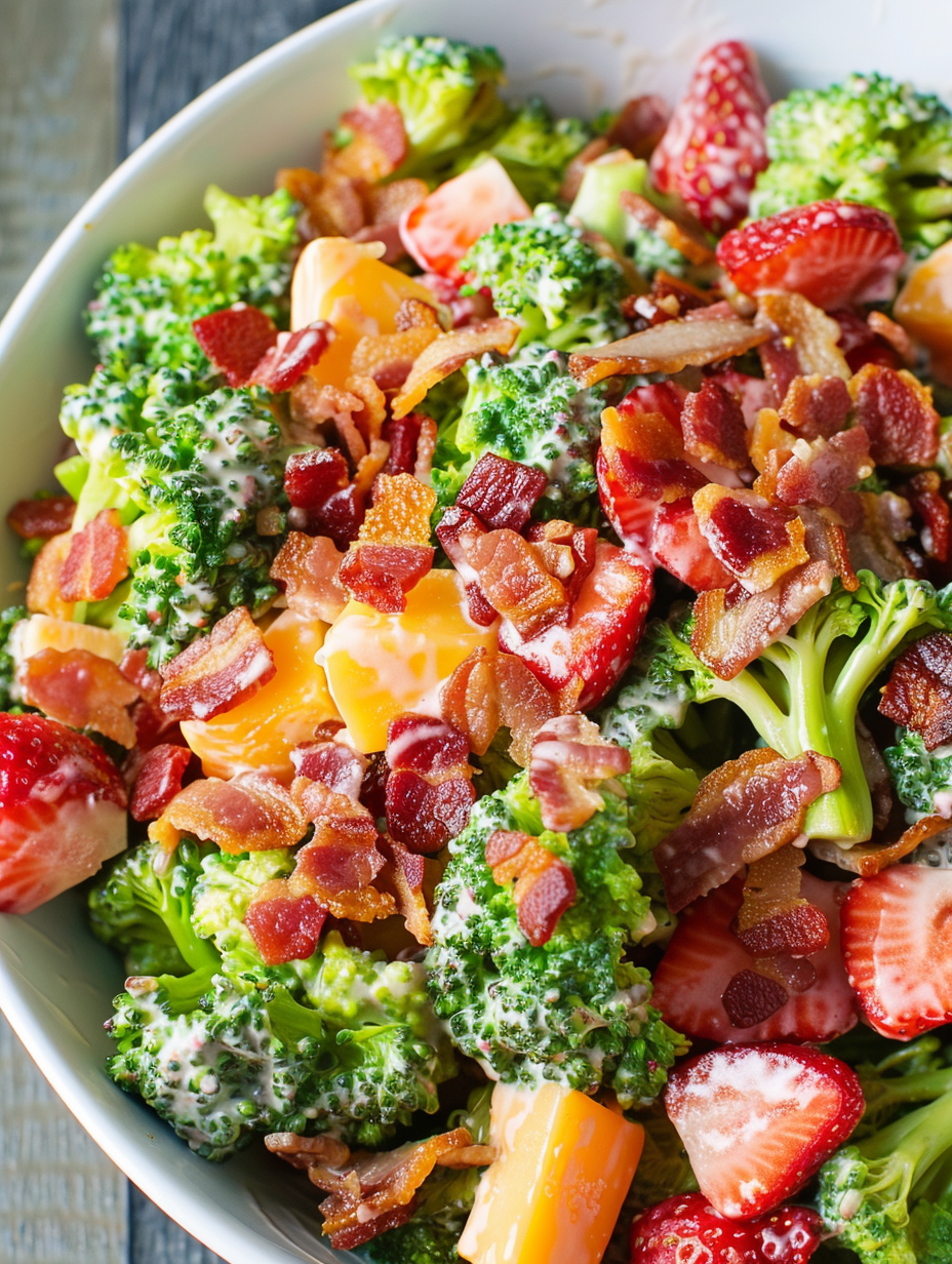Broccoli Strawberry Salad in bowl with bright strawberries