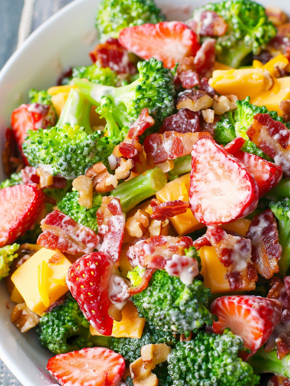 Close up of strawberry and broccoli salad textures