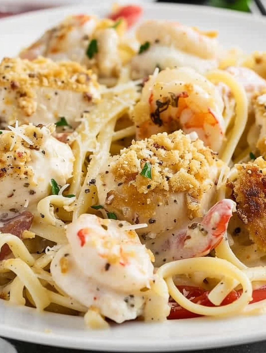 Breaded chicken and seared shrimp carbonara in skillet