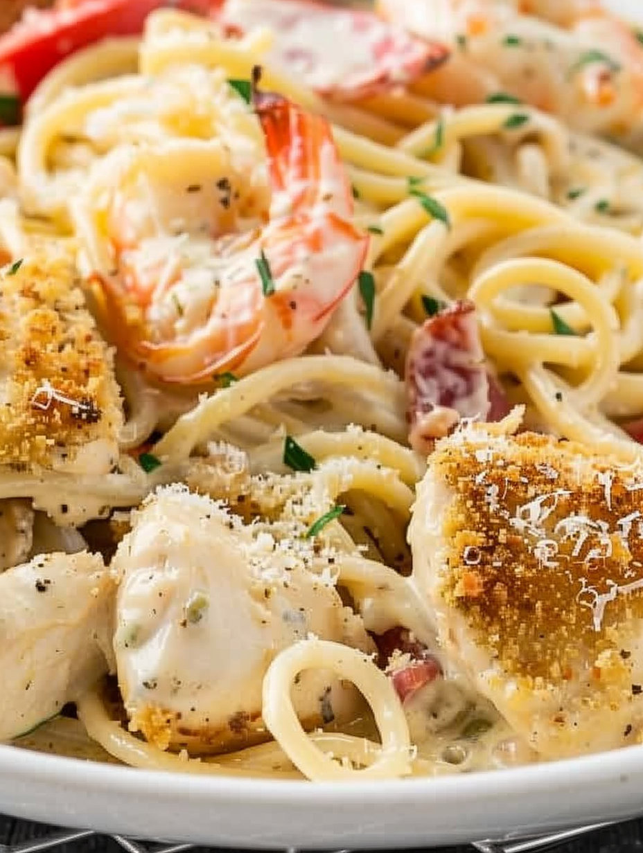 Plated chicken and shrimp linguine carbonara with parsley