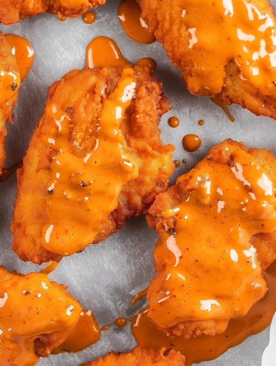 Golden buffalo chicken tenders on a serving platter