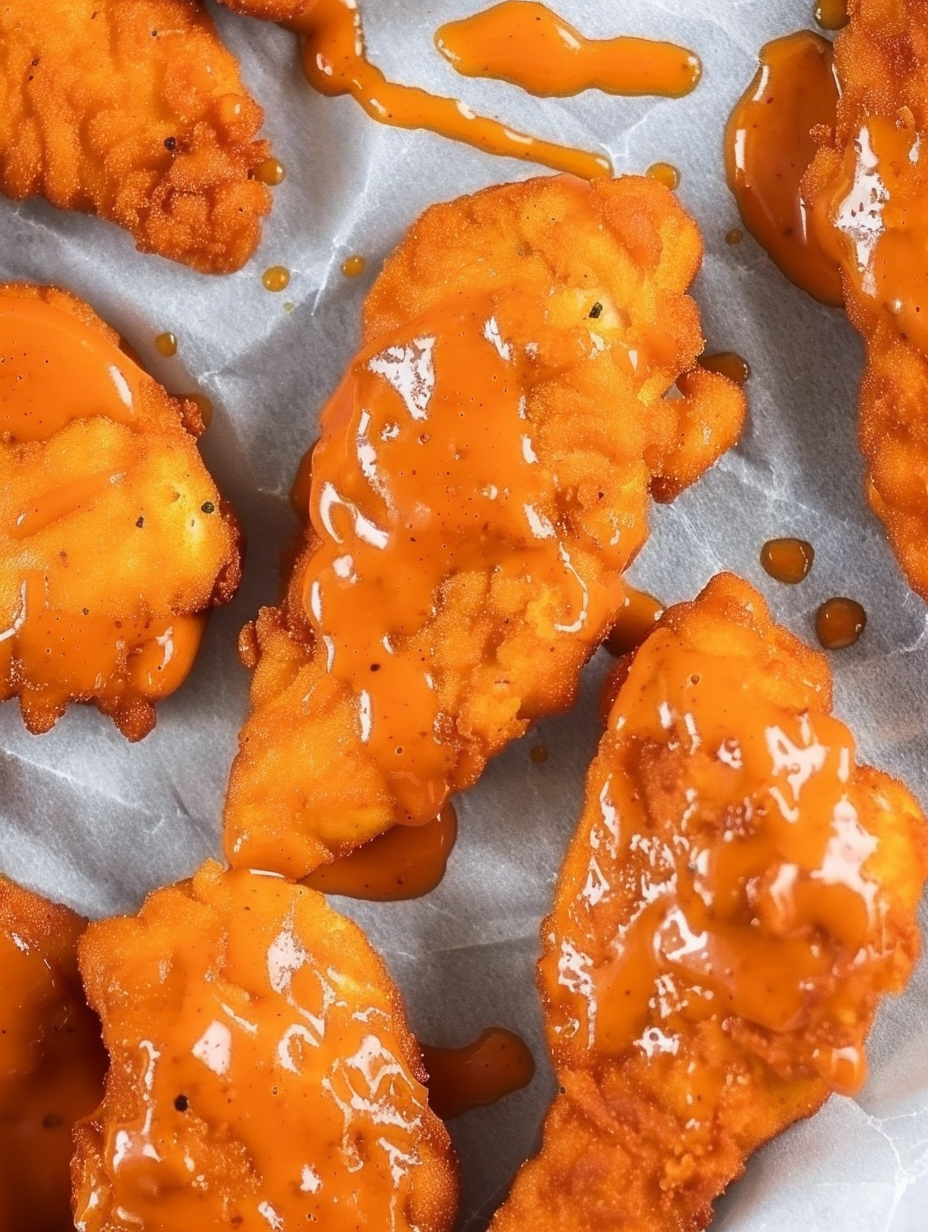 Sauce in a saucepan and a bowl of tenders ready to be tossed