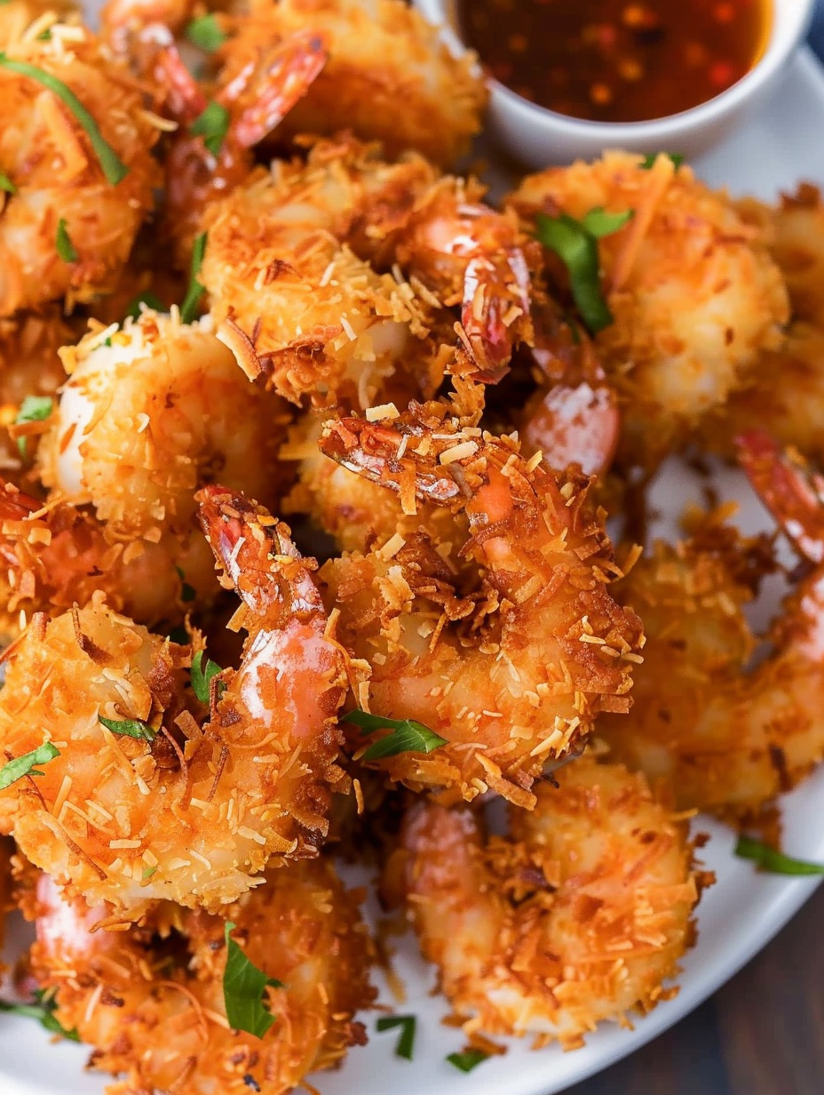 Coconut shrimp on a platter with dipping sauce