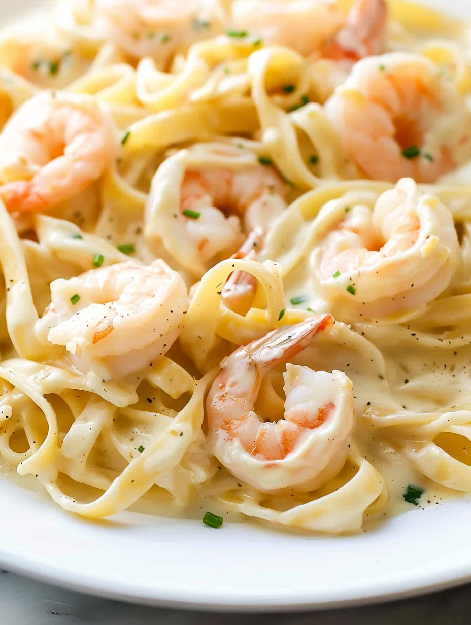 Creamy fettuccine alfredo with shrimp in white bowl