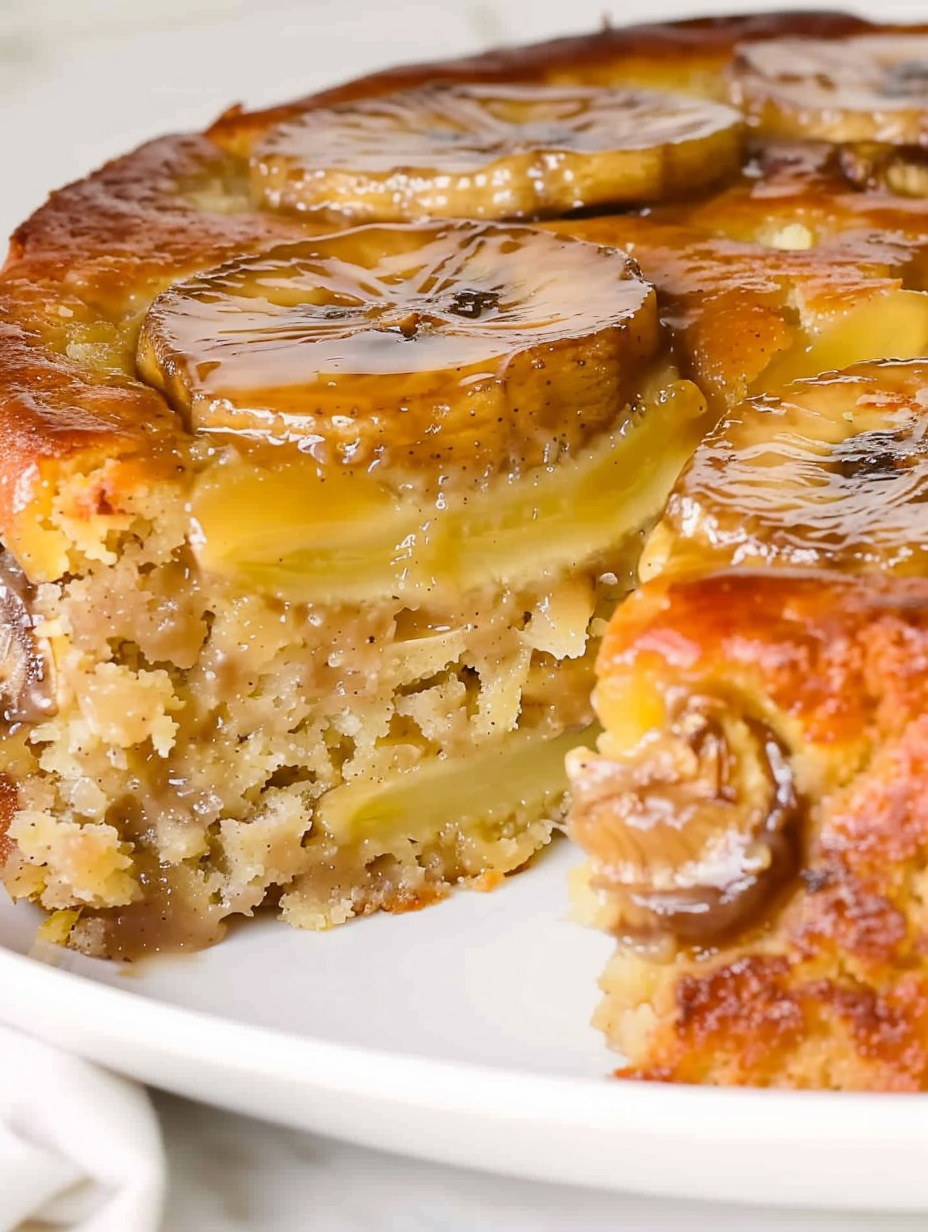 Banana upside down cake with caramelized banana slices