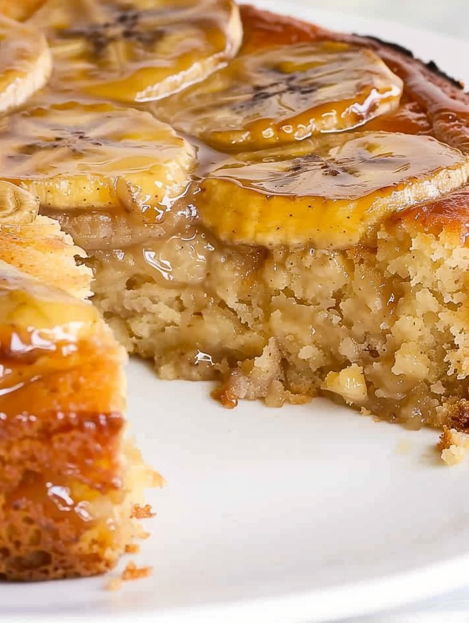 Slice of banana upside down cake served on a plate