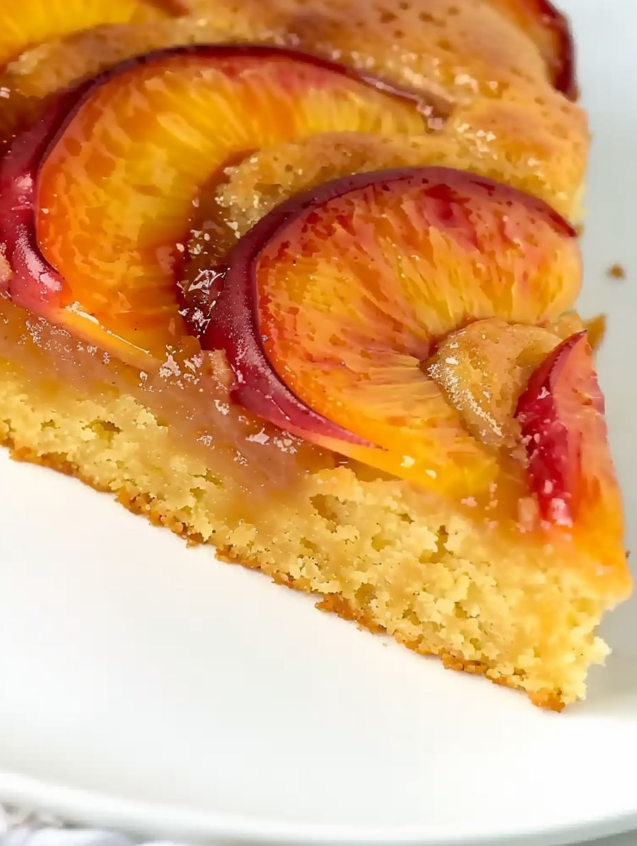 Finished peach upside down cake on a serving plate