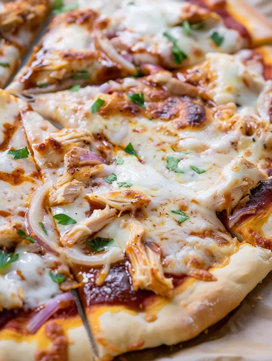 Sliced BBQ Chicken Pizza with garnish
