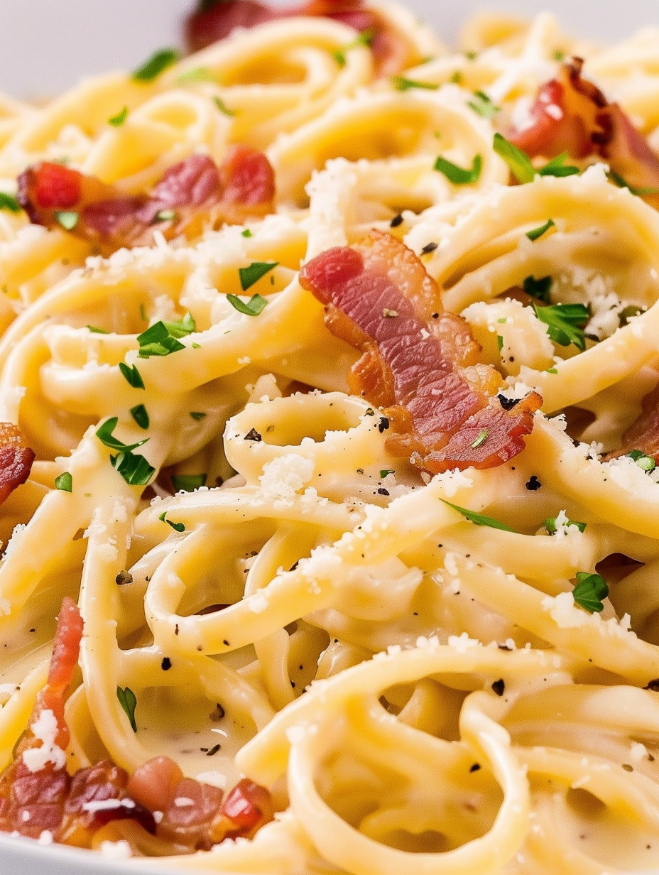 Creamy pasta tossed in pecorino with crispy bacon