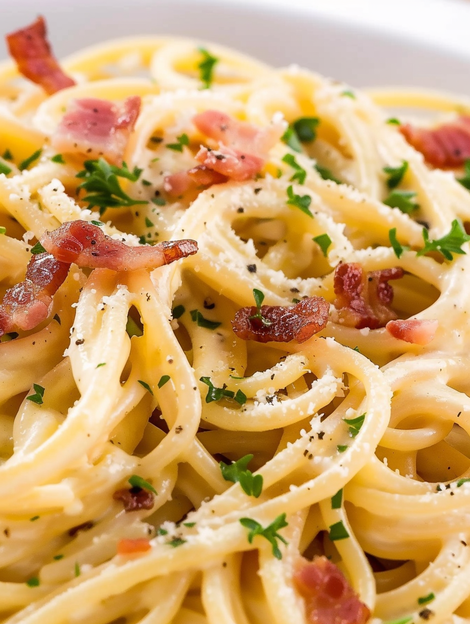 Close-up of linguine coated in creamy sauce