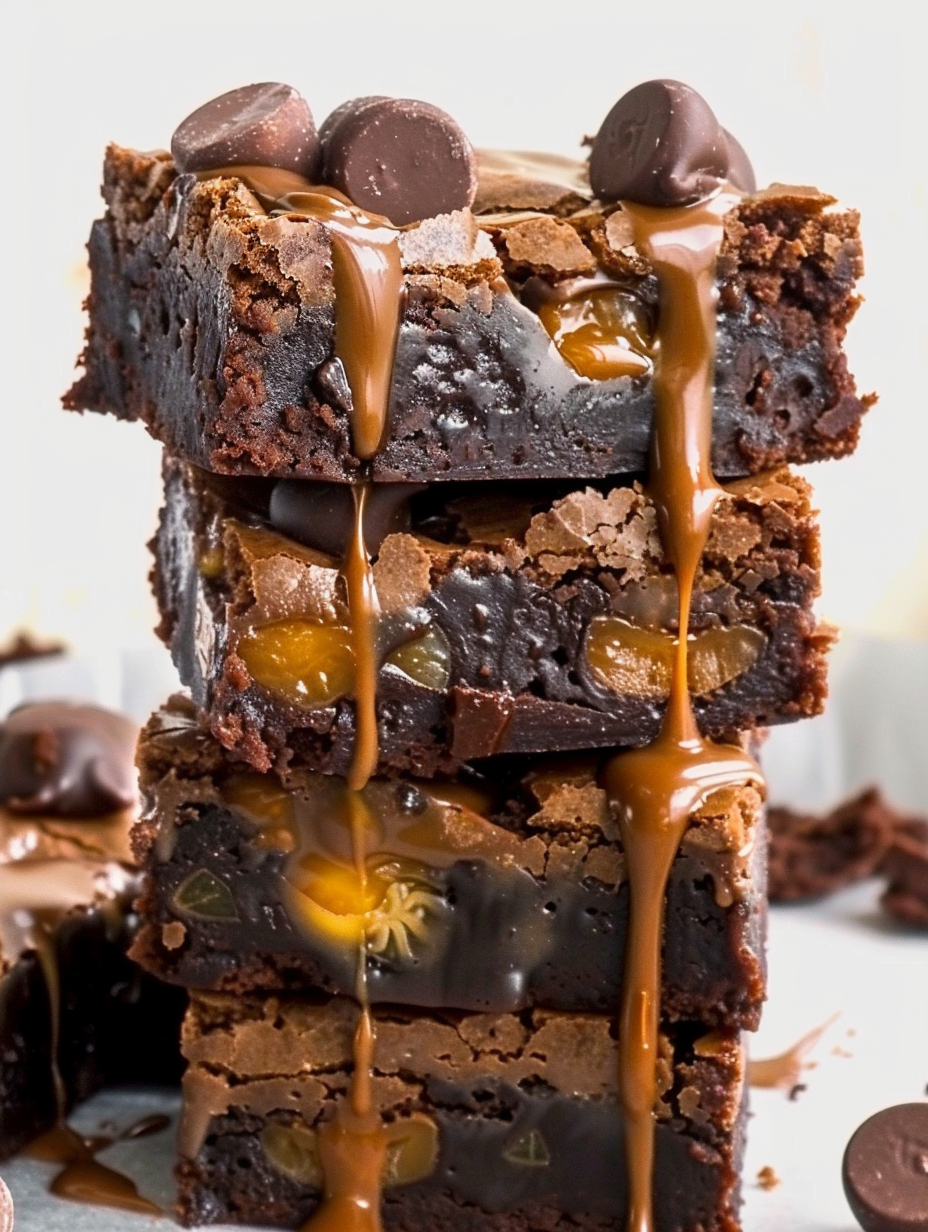 Gooey caramel in brownie cross-section