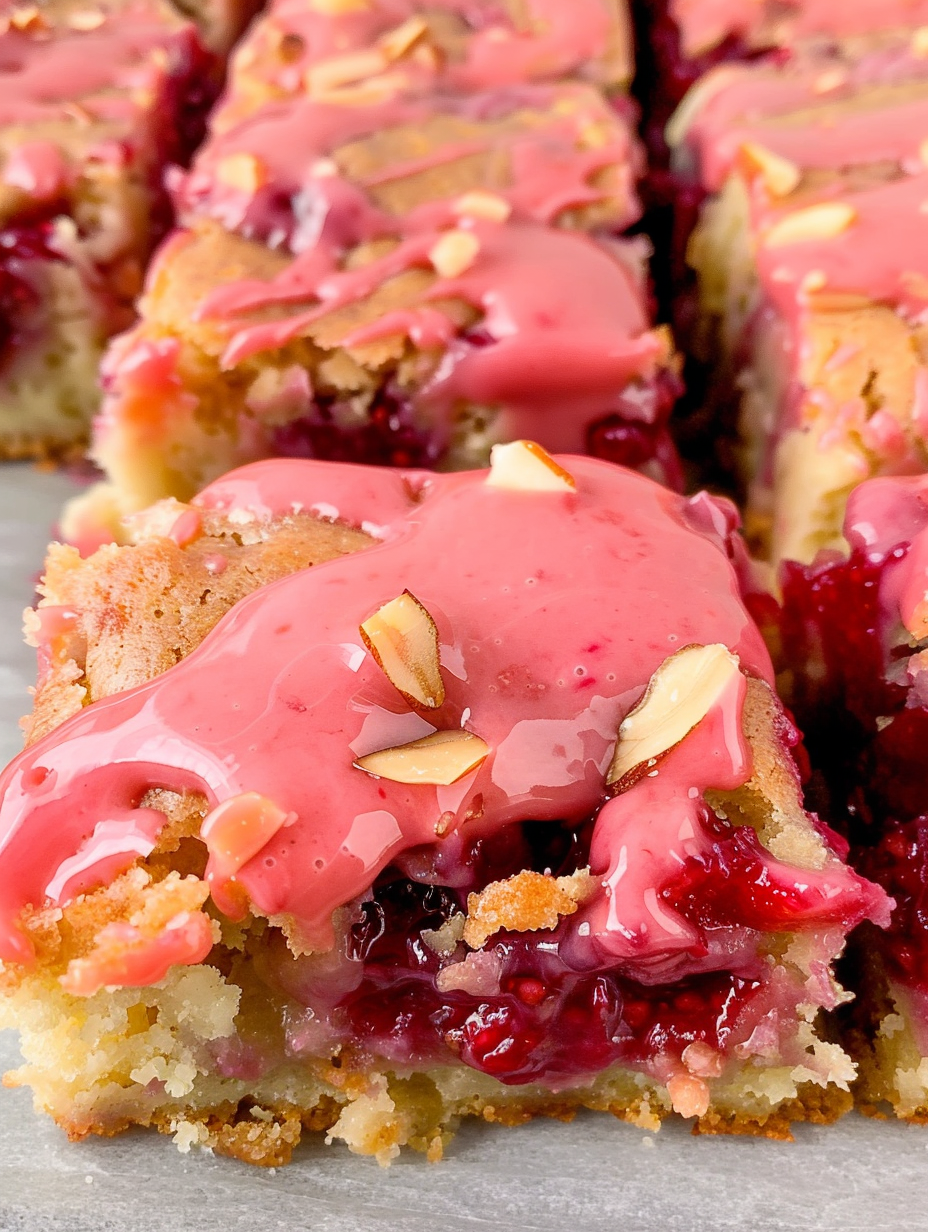 Close-up of sliced blondies with pink icing
