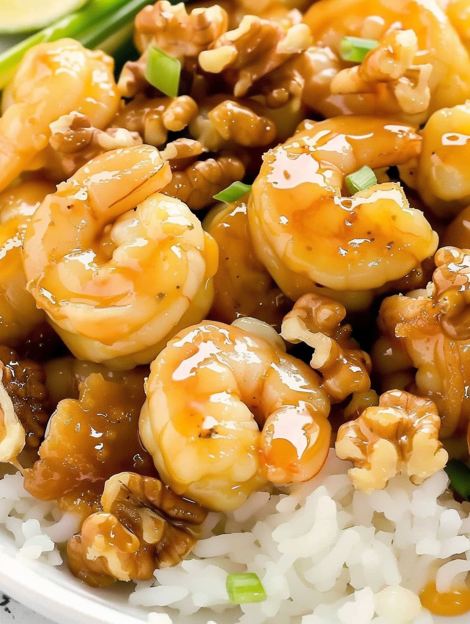 Candied walnuts and glazed shrimp on a serving bowl