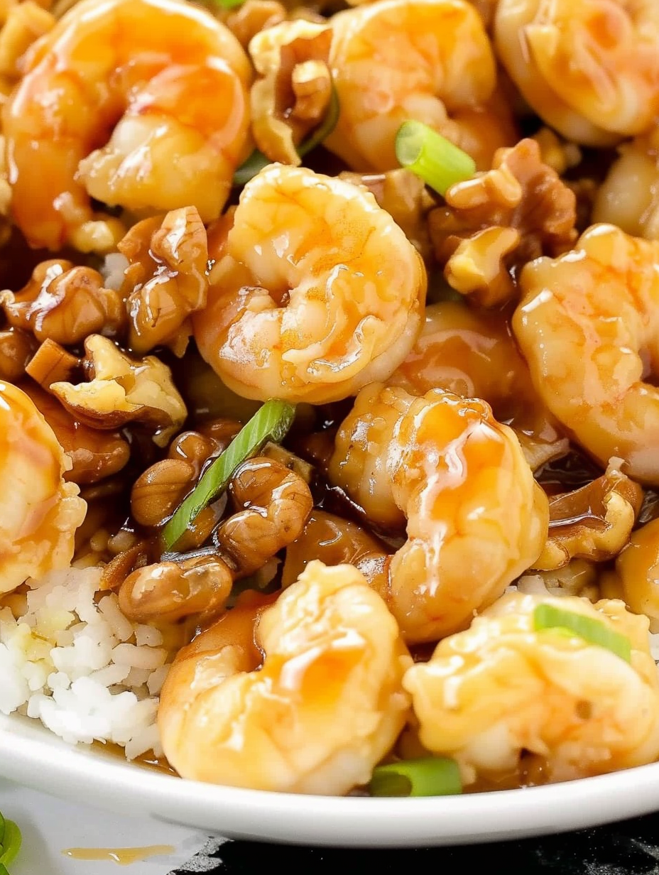Close-up of glazed shrimp with scallions