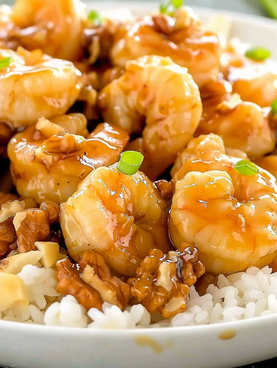 Crispy honey walnut shrimp plated over rice