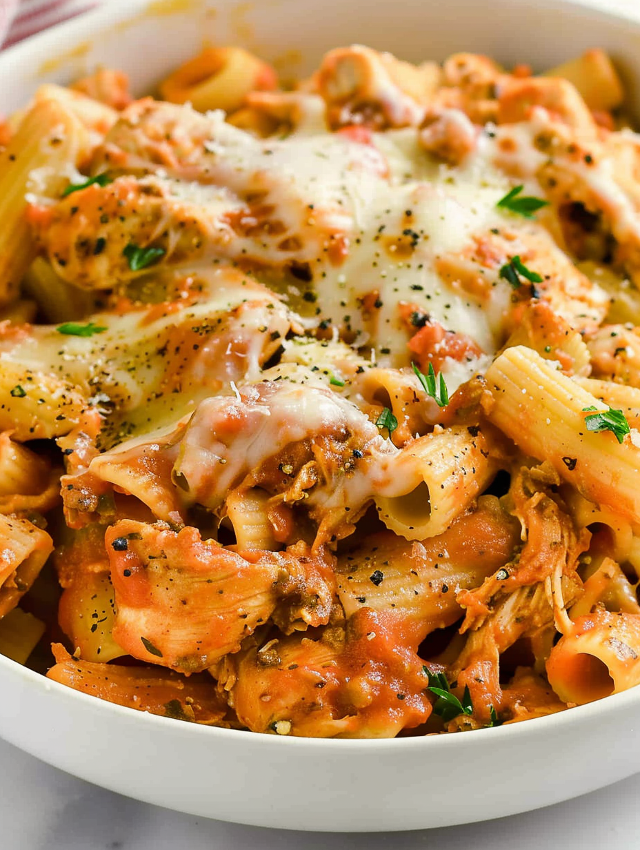 Creamy chicken parmesan pasta served in a Dutch oven