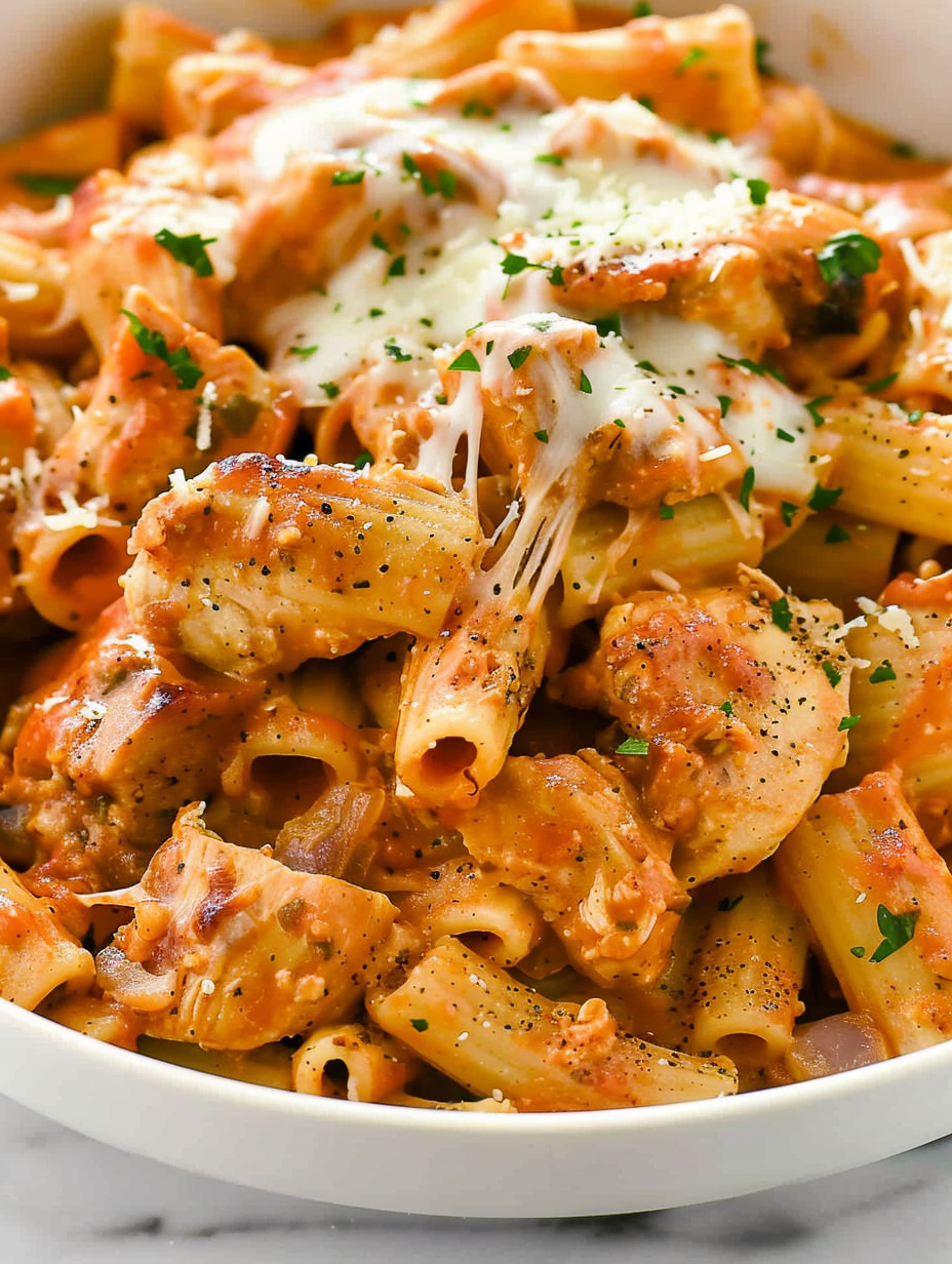 Close-up of cheesy baked pasta with parsley garnish