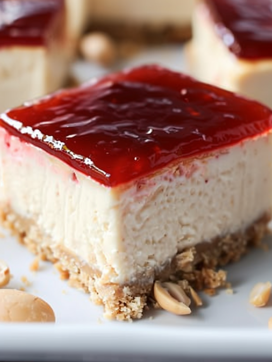 Peanut Butter and Jelly Cheesecake Bars on a tray