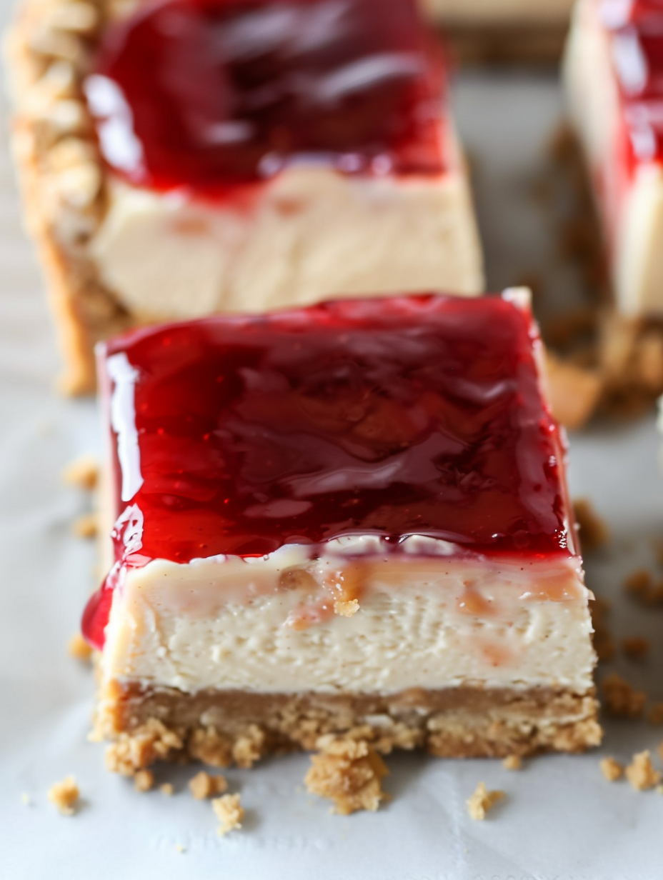 Close up of jelly layer on cheesecake bars