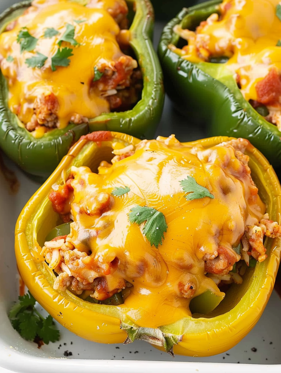 Close-up of stuffed pepper cross-section showing cheese and filling