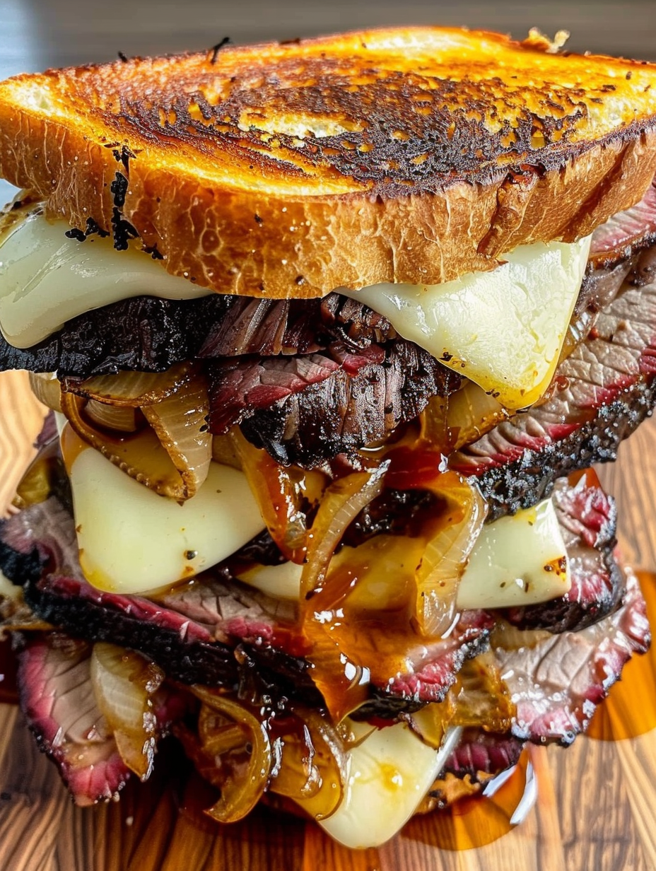 Sliced brisket and assembled melt