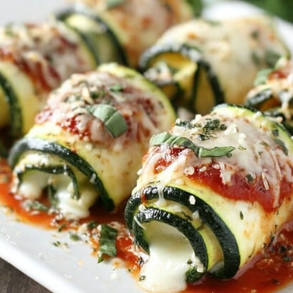 Zucchini rollatini in a baking dish with bubbling cheese