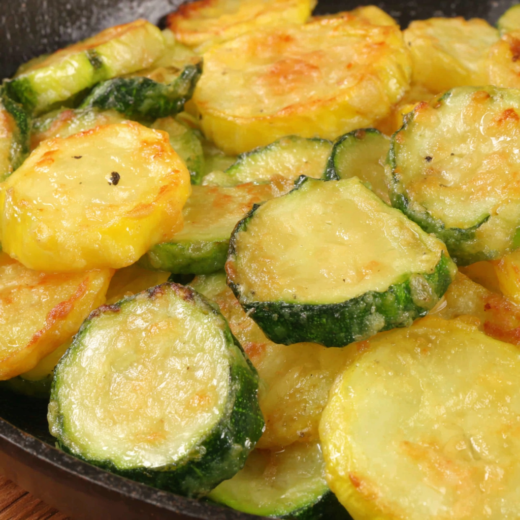 Serving platter of air-fried zucchini and squash with lemon wedges