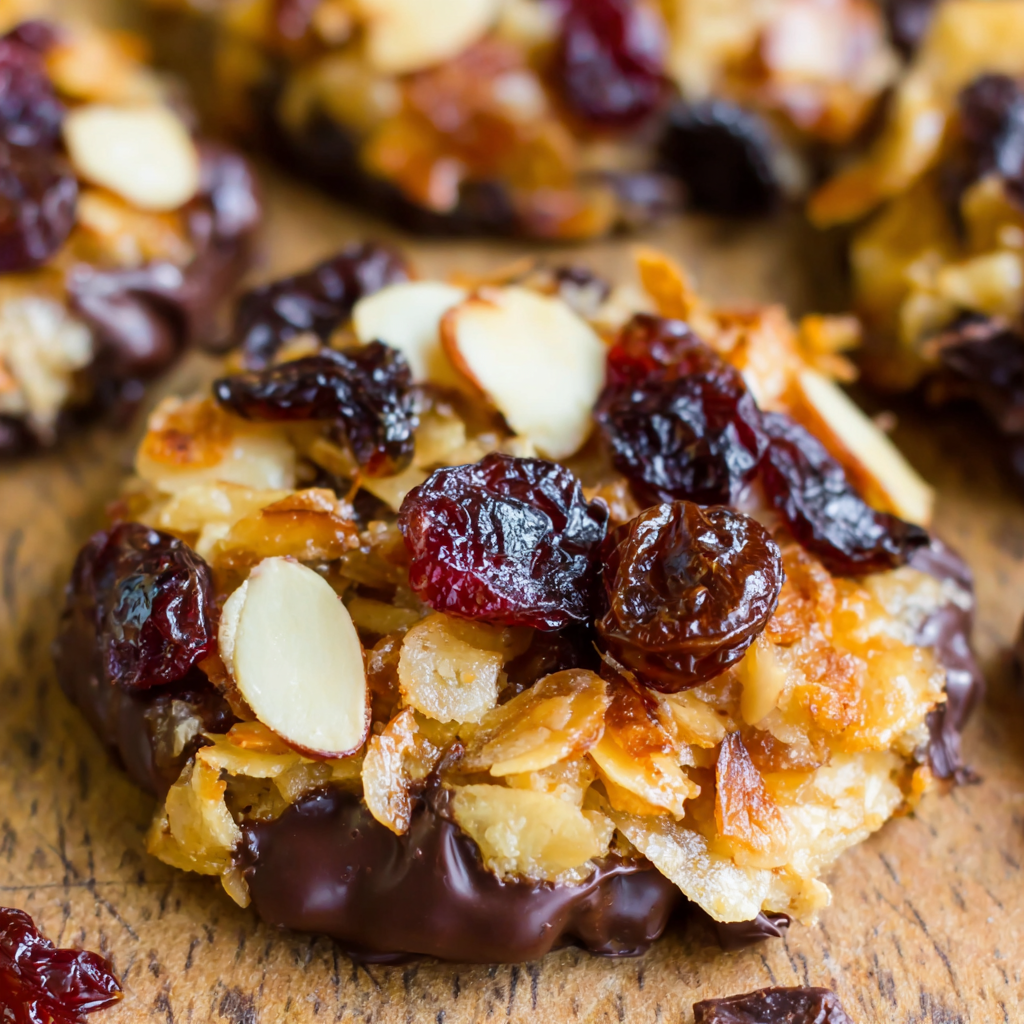 Close-up of florentine texture showing fruit and nuts in caramel