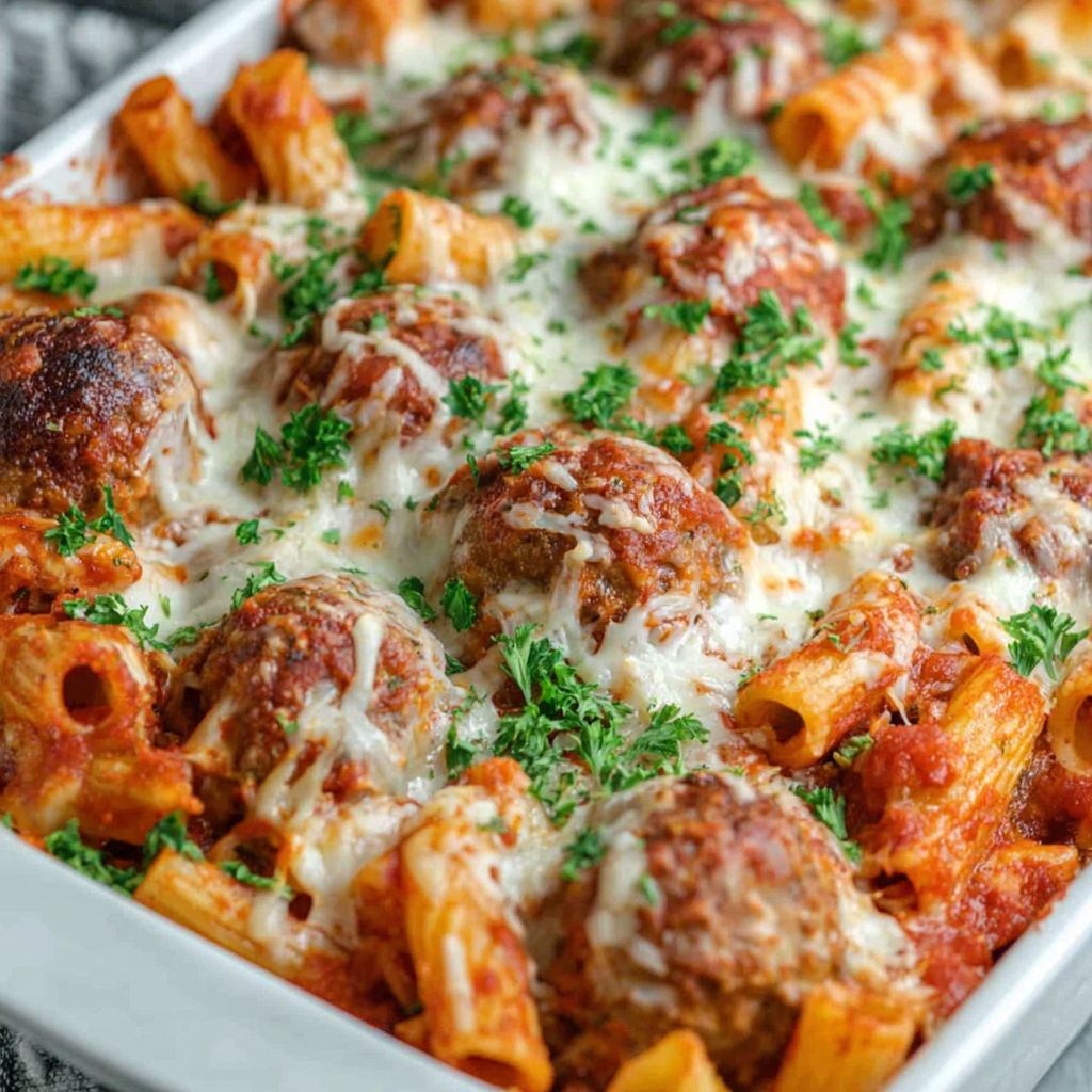 Close up of meatballs nestled in saucy baked ziti with melted mozzarella