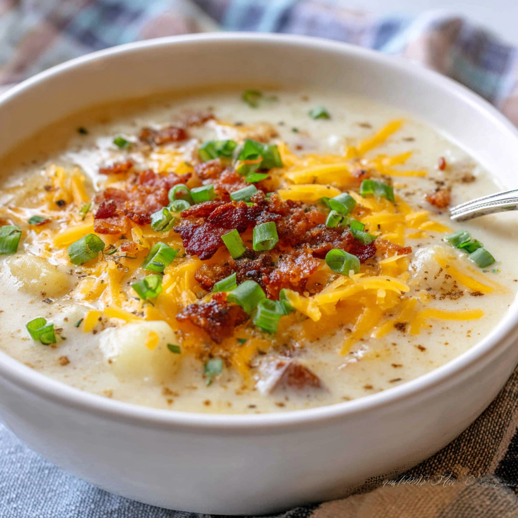 Instant Pot loaded potato soup in a bowl with bacon and green onions