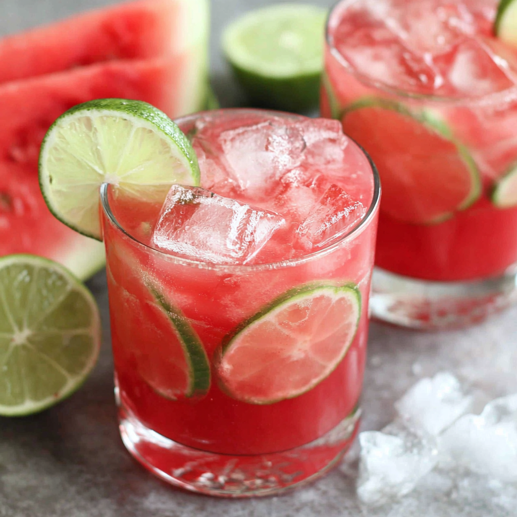 Close-up of pink watermelon elderflower cocktail with lime