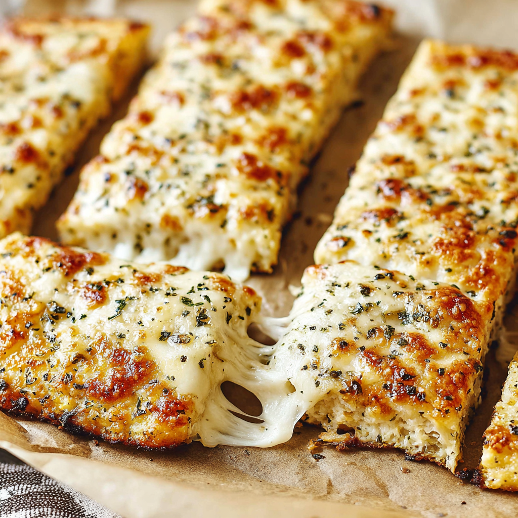 Close-up of golden cauliflower breadsticks with cheese pull