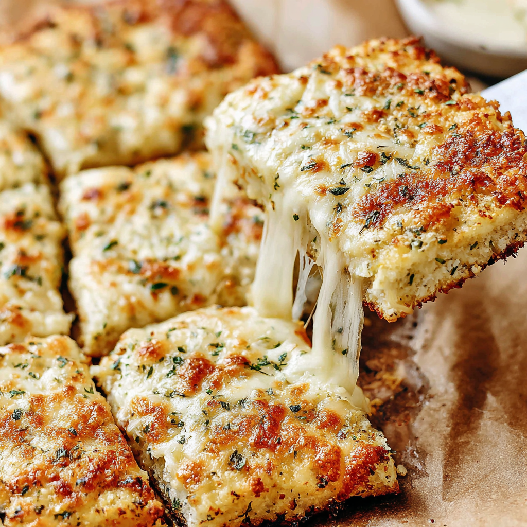 Hands pulling apart cauliflower breadsticks over parchment