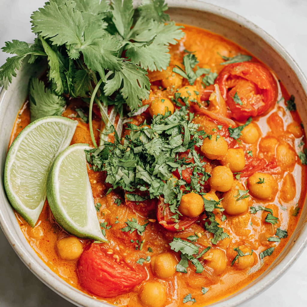 Serving coconut chickpea curry with rice and naan on a table