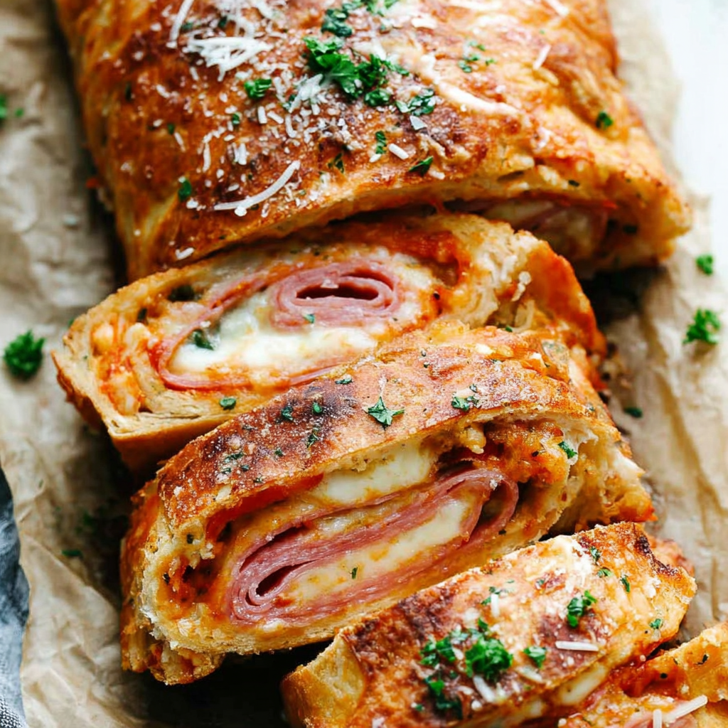 Close-up of stromboli interior showing melty cheese and cured meats in a tight spiral
